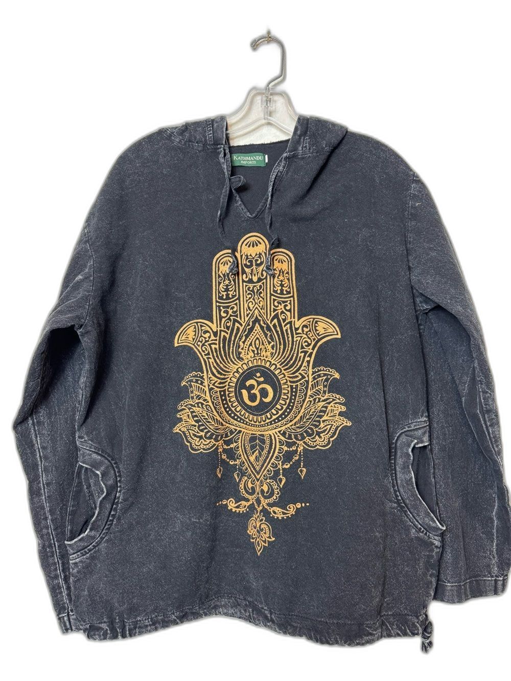 Kathmandu Imports Hamsa Hand & Om Symbol Black Stonewashed Cotton Hoodie size L